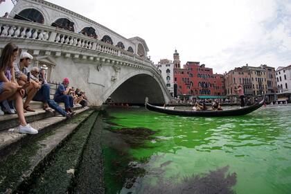Una parte de las aguas del Gran Canal de Venecia, en Italia, se tiñeron de verde fosforescente este domingo