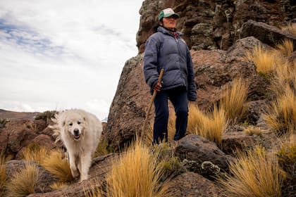 Una pastora neuquina acompañada de uno de sus perros.