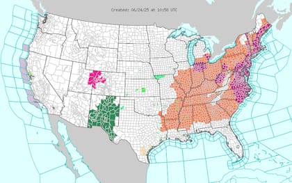 Una peligrosa cúpula de calor mantendrá temperaturas de hasta 100°F (38°C) en el Atlántico Medio y Noreste, con mínimas nocturnas superiores a 80°F (27°C) en ciudades como Nueva York y Washington D.C.