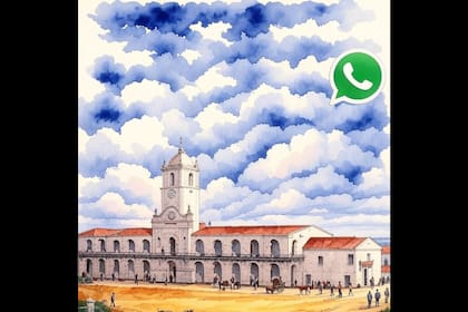 Una pintura del Cabildo con el logo de WhatsApp