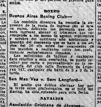 La noticia del diferimiento de Langford vs. McVea, que estaba previsto en la cancha de Racing; tendría lugar en un teatro de Avellaneda.