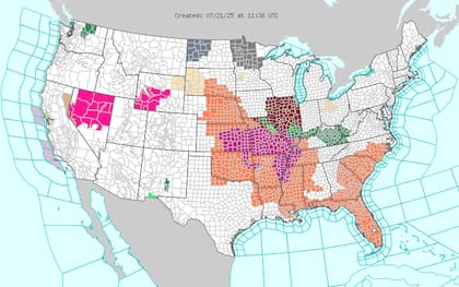 Una poderosa cúpula de calor se extenderá sobre el sur profundo y el Valle del Mississippi, para llevar índices de calor entre 100 °F (38 °C) y 115 °F (46 °C)