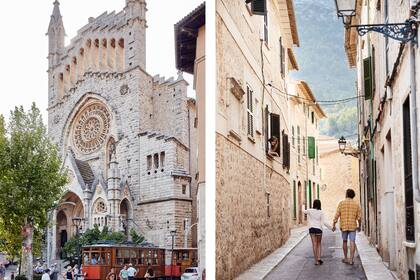 Una postal del 1900: la parroquia de Sant Bartomeu y el tren que une el pueblo medieval de Soller con el centro de Palma recién desde 1912. 