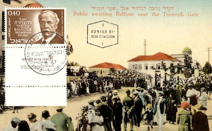Una postal israelí que conmemora la Declaración Balfour