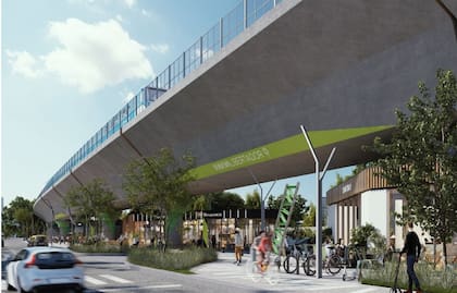 Una proyección de cómo quedarían las zonas intervenidas en el bajo viaducto del tren Mitre con espacios gastronómicos y comerciales