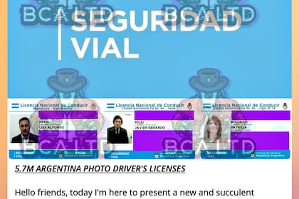 Una publicación promocionaba este año la venta de la base de datos de la Dirección Nacional de Registros de la Propiedad Automotor con las imágenes de las licencias de conducir de Javier Milei y Patricia Bullrich, entre otros