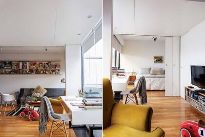 Una puerta corrediza permite integrar los ambientes, lo que acentúa la sensación de amplitud