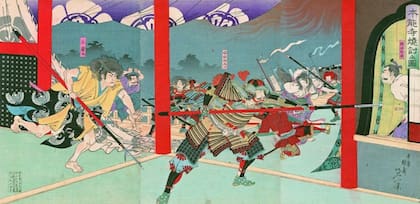 Una representación gráfica del incidente de Honno Ji donde Oda Nobunaga se quitó la vida.