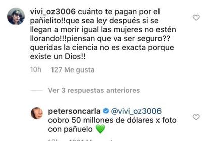 Una seguidora cuestionó a Carla Peterson por su postura a favor del aborto y la actriz le respondió con ironía
