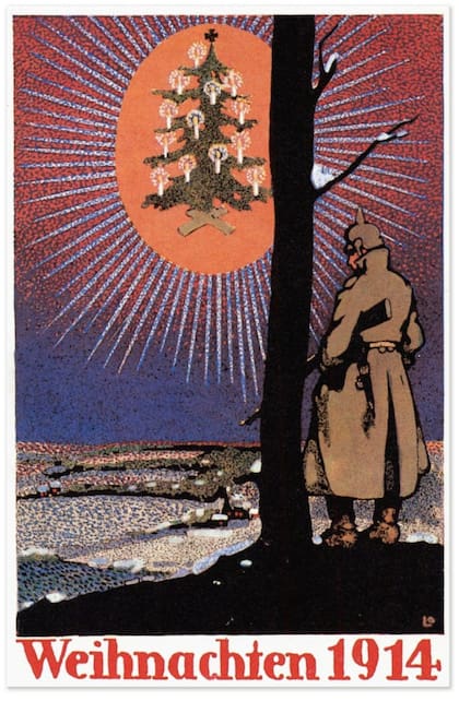 Una tarjeta de saludo navideño en alemán que evoca el cese de hostilidades de 1914.