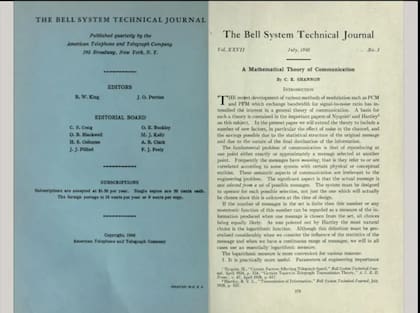 "Una teoría matemática de la comunicación" en el Bell System Technical Journal de 1948 (Internet Archive)
