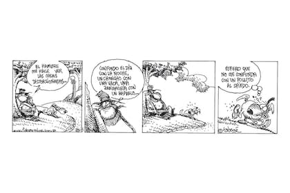 Una tira de "Diógenes y el linyera", ilustración que hizo ganar notoriedad a Tabaré en el rubro de los caricaturistas