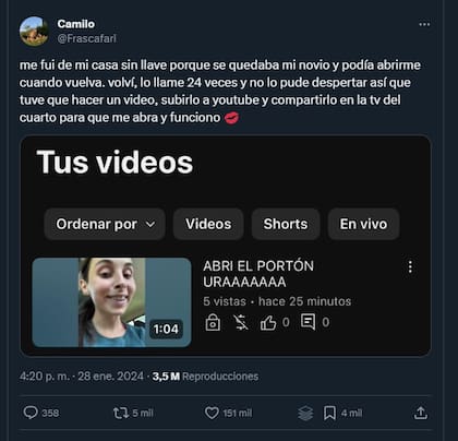 Una usuaria de X encontró una forma genial para lograr que su novio le abra el portón: hacer un video que apareciera en YouTube