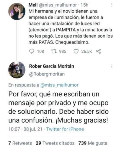 El tuit de la usuaria contra Pampita al que respondió Roberto García Moritán