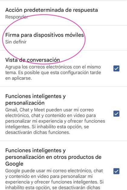 Una vez en la configuración, se debe buscar el ítem "Firma para dispositivos móviles"