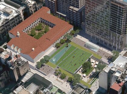 Una vista aérea de cómo quedaría la plaza donde hoy funciona un estacionamiento privado; al lado se observa la proyección del edificio