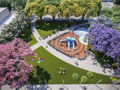 Una vista aérea de cómo se proyecto la plaza San Isidro Labrador, en Saavedra