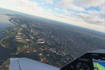Una vista aérea de la vista al río de la ciudad de Buenos Aires y del estadio de River Plate, disponible dentro del simulador de vuelo Flight Simulator 2020
