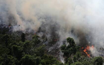 Una vista aérea de un tramo de la selva amazónica en llamas