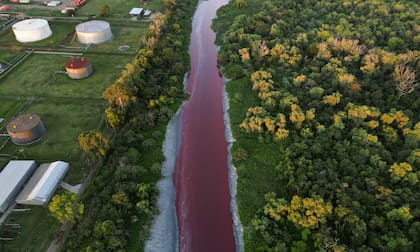 Una vista aérea del arroyo "Sarandí" teñido de rojo debido a contaminantes desconocidos, alegan residentes, en un barrio industrial en las afueras de Buenos Aires, Argentina, el jueves 6 de febrero de 2025. (AP Foto/Rodrigo Abd)
