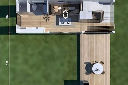 Una vista área de la casa container muestra la planta alta y la terraza