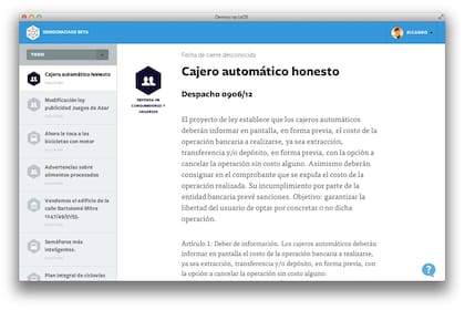 Una vista de la interfaz de Democracia en Red, la plataforma on line del Partido de la Red para que los ciudadanos puedan informarse sobre los proyectos tratados en la Legislatura de Buenos Aires