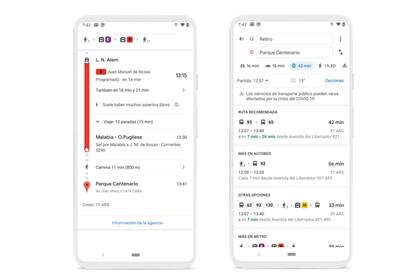 Una vista de la nueva función de Google que notifica el nivel de congestionamiento del transporte público en la Argentina