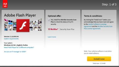 Una vista de la ventana de instalación del Flash Player, que dejará de tener soporte a partir de 2020