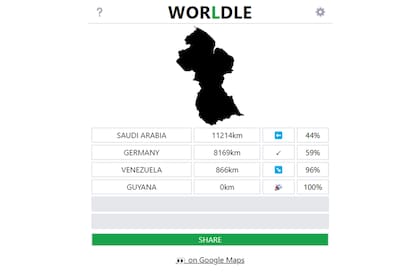 Una vista de las pistas que da Worldle para encontrar la respuesta correcta e identificar el país