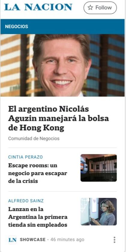 Una vista de los contenidos de LA NACION bajo la modalidad News Showcase visto desde Google News