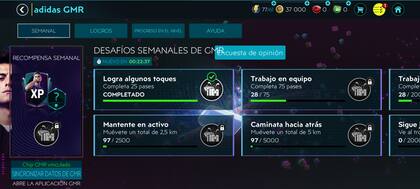 Una vista de los desafíos y logros que propone la plataforma Adidas GMR para hacer con los pies y sumar puntos en el juego