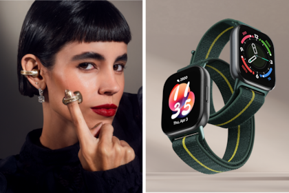 Una vista de los Moto Buds Loop y el Moto Watch Fit, los nuevos accesorios de Motorola