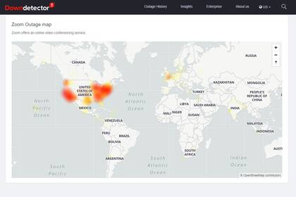 Una vista de los reportes de problemas del sitio Downdetector en el servicio de videollamadas Zoom