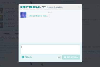 Una vista de un mensaje directo recibido en Twitter con un enlace web malicioso