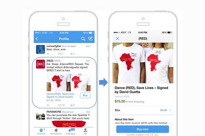 Una vista del botón Buy desde la aplicación móvil de Twitter, disponible sólo para el mercado estadounidense por el momento