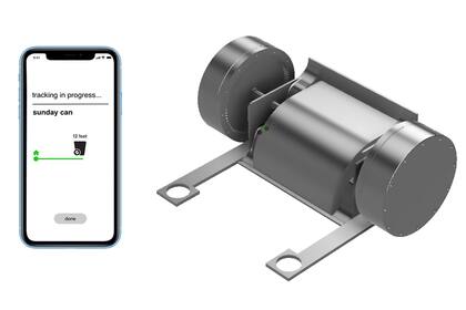 Una vista del sistema motorizado de SmartCan y la aplicación móvil para monitorear el funcionamiento del cesto de basura autónomo