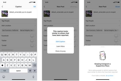 Una vista previa de la advertencia que emitirá Instagram tras detectar un texto ofensivo