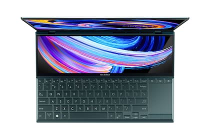 Una vista superior de la ASUS ZenBook Duo 14 UX482, con un teclado y touchpad ubicado en la parte inferior del equipo
