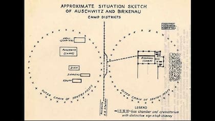 Uno de los bocetos hechos por Vrba y Wetzler, mostrando la ubicación aproximada de Auschwitz-Birkenau, sus cámaras de gas y crematorio.