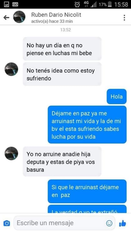 Uno de los chats que la madre del niño que murió, después de haber pasado un año internado tras ser golpeado y abusado sexualmente, recibió de su expareja, prófugo por el crimen