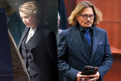 Uno de los detalles en los que más se puso foco estos días es el vestuario de Amber, que en cada jornada copia el vestuario que su ex marido usó el día anterior. Aquí, ambos con traje rayado de tres piezas.