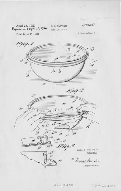 Uno de los diseños de Earl Tupper, donde se puede ver cómo funciona la tapa "invertida"