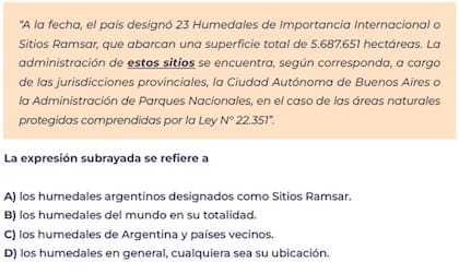 Uno de los ejemplos del modelo oficial proponía identificar a qué se refería la expresión “estos sitios” dentro de un fragmento sobre humedales
