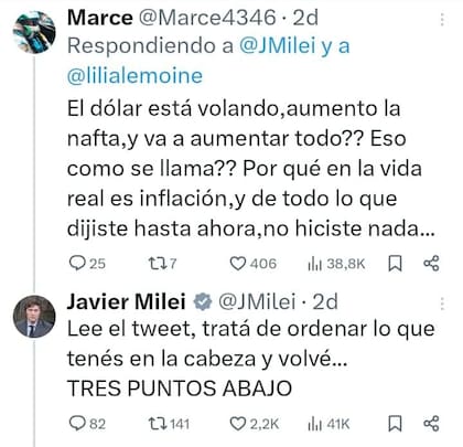 Uno de los intercambios de Milei con tuiteros en defensa de Lilia Lemoine, el 3 de julio