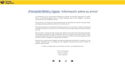 Uno de los mails fraudulentos enviados el año pasado en la cadena de phishing con supuestas encomiendas retenidas por el Correo Argentino