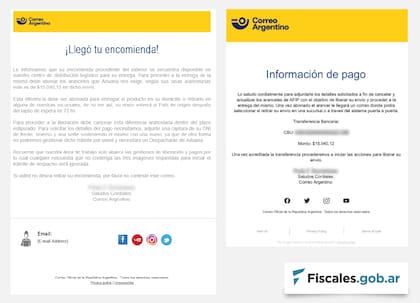 Uno de los mails fraudulentos enviados este año en la nueva cadena de phishing con supuestas encomiendas retenidas por el Correo Argentino