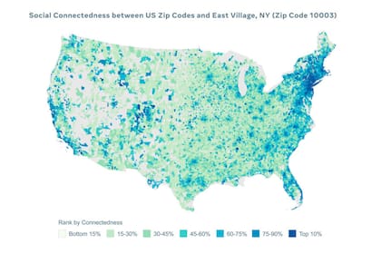 Uno de los mapas ofrecidos por Facebook analiza el índice de conexión social entre estados, provincias y países para que los epidemiólogos puedan pronosticar la propagación de una enfermedad