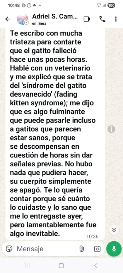 Uno de los mensajes con los que informó la muerte, que definía como "síndrome del gatito desvanecido"