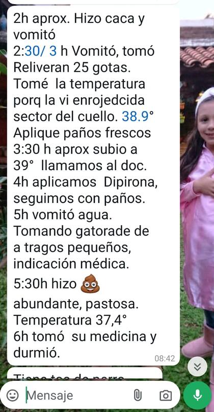 Uno de los mensajes que le enviaban las maestras a Claudia Díaz sobre el estado de Juanita Milagros Sirimarco Díaz