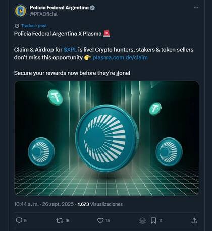 Uno de los posteos promocionando una plataforma cripto hecho desde la cuenta de X de la Policía Federal Argentina